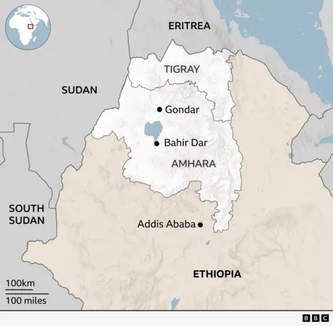 Map showing the location of Amhara in north-west Ethiopia. The Tigray region is to the north of Amhara. Ethiopia's neighbours, Eritrea (to the north), Sudan and South Sudan (to the west) are also shown.